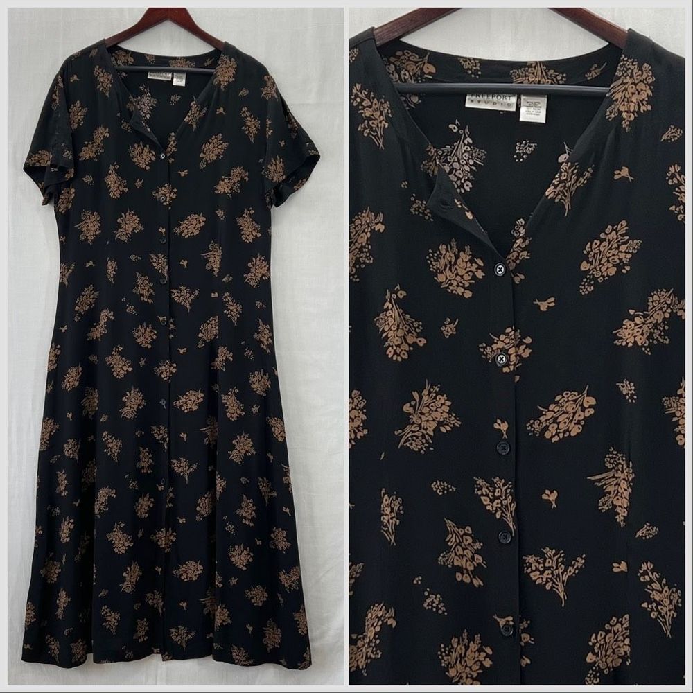 Vintage Black Maxi Dress with Brown Floral Print